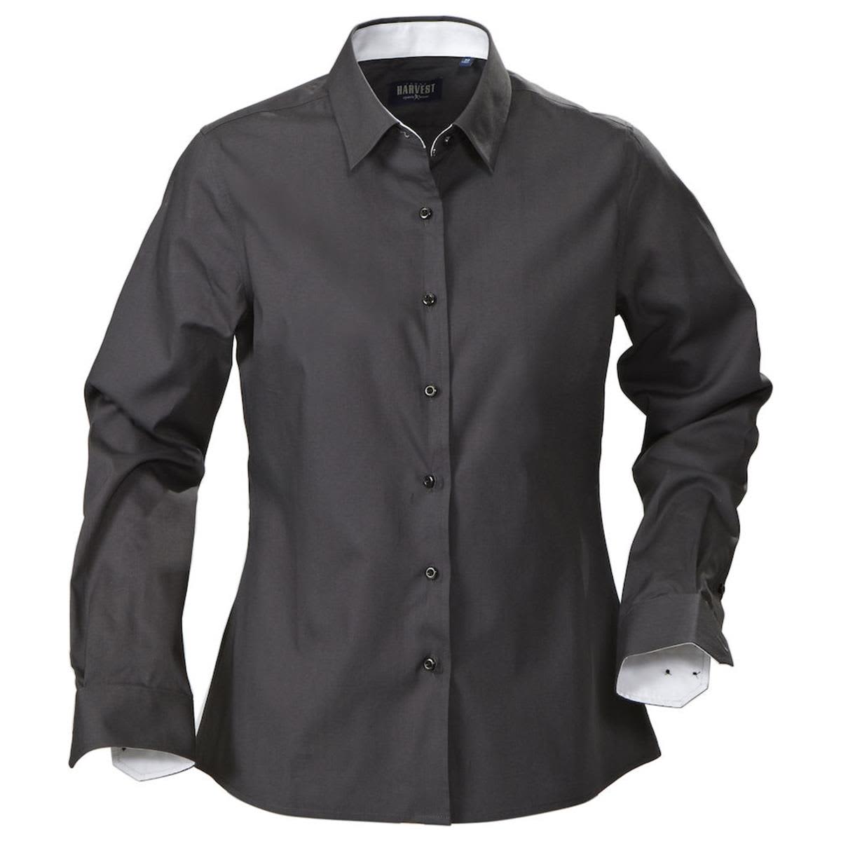 Long-sleeve, button-up, dark gray shirt with white inner cuffs and collar.