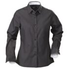 Collared, long-sleeve, button-up dark gray shirt with white inner cuffs and collar.
