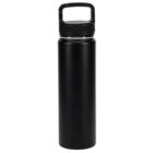 A black insulated stainless steel water bottle with a screw-on lid and a handle on top. The bottle has a sleek cylindrical shape and matte finish, suitable for holding hot or cold beverages.