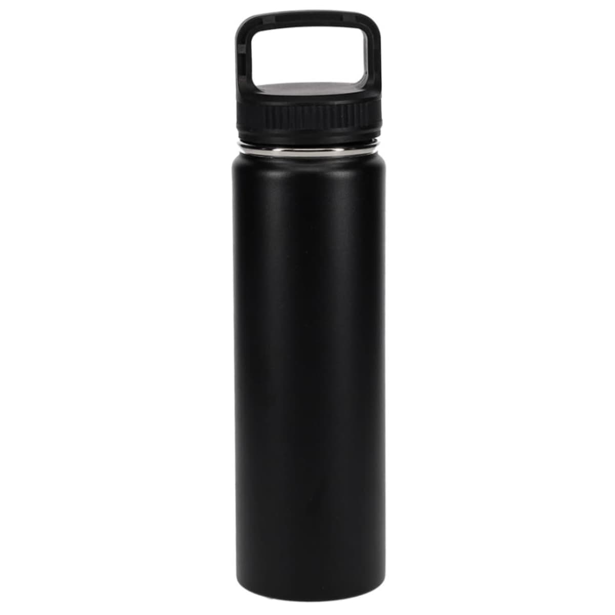 A black insulated stainless steel water bottle with a screw-on lid and a handle on top. The bottle has a sleek cylindrical shape and matte finish, suitable for holding hot or cold beverages.
