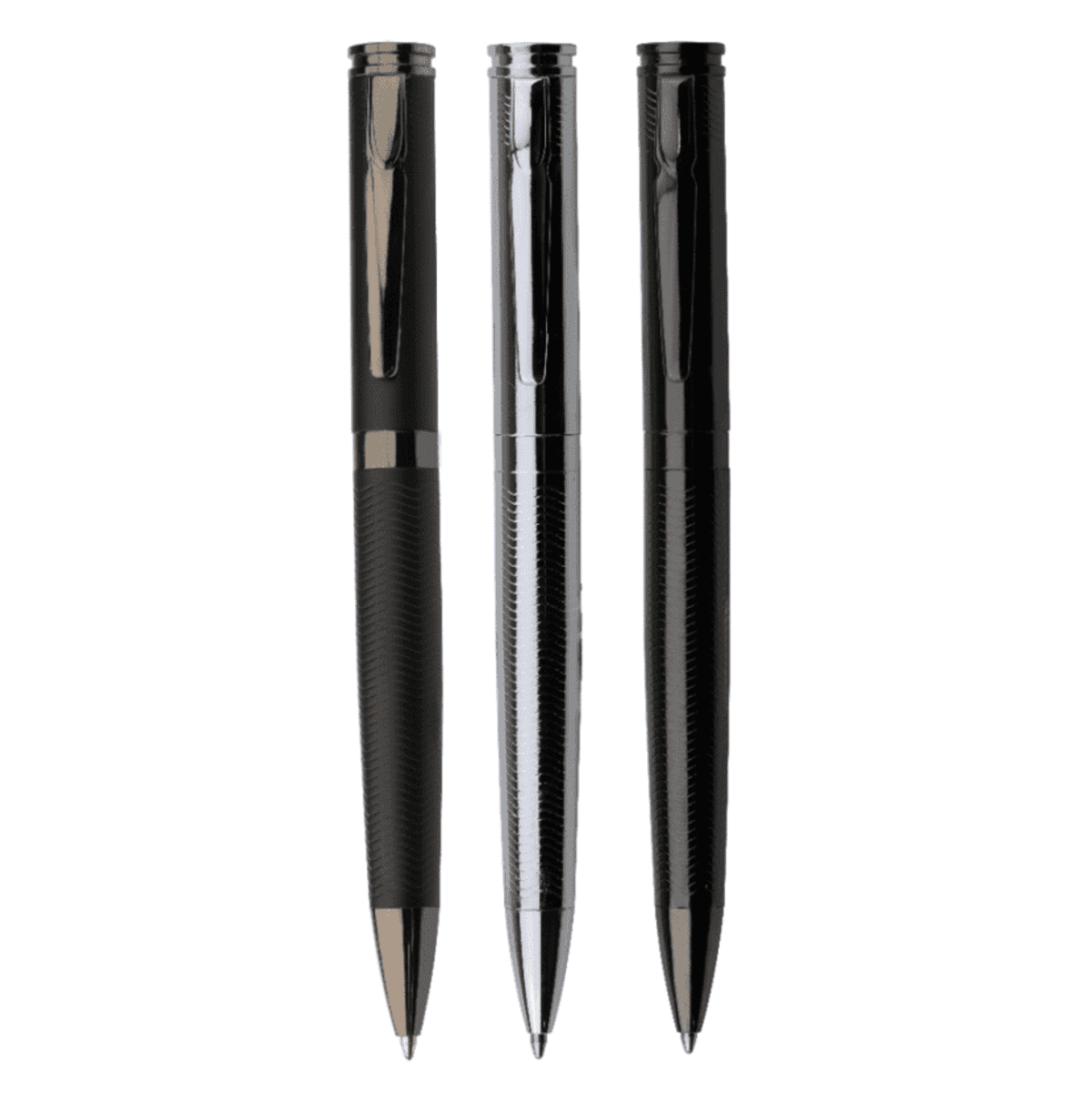 Three sleek ballpoint pens arranged vertically against a white background. The pens are metallic with a glossy finish, featuring one in black, one in chrome, and another in a dark graphite shade.