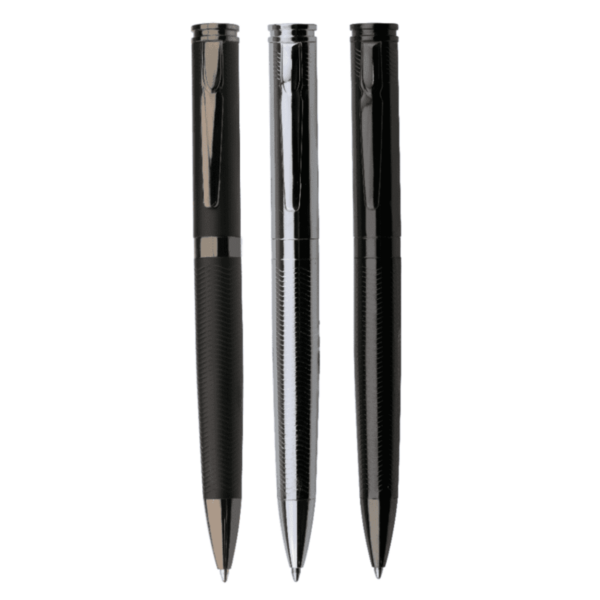 Three ballpoint pens stand upright against a plain background. The pens have metallic finishes: one is silver, one is black, and the third has a silver and black striped design. Each pen features a sleek clip for attachment.