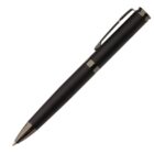 A sleek, black metal ballpoint pen with a textured grip, silver accents, and a clip fixed to the pen cap. It is positioned diagonally against a plain white background.