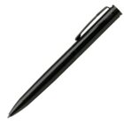 A sleek black ballpoint pen with a clip on the cap is displayed at an angle against a white background.