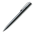 A sleek, silver metallic ballpoint pen with a glossy finish. It features a clip on the side for easy attachment to pockets or notebooks. The pen is angled diagonally with the tip pointing to the lower left.