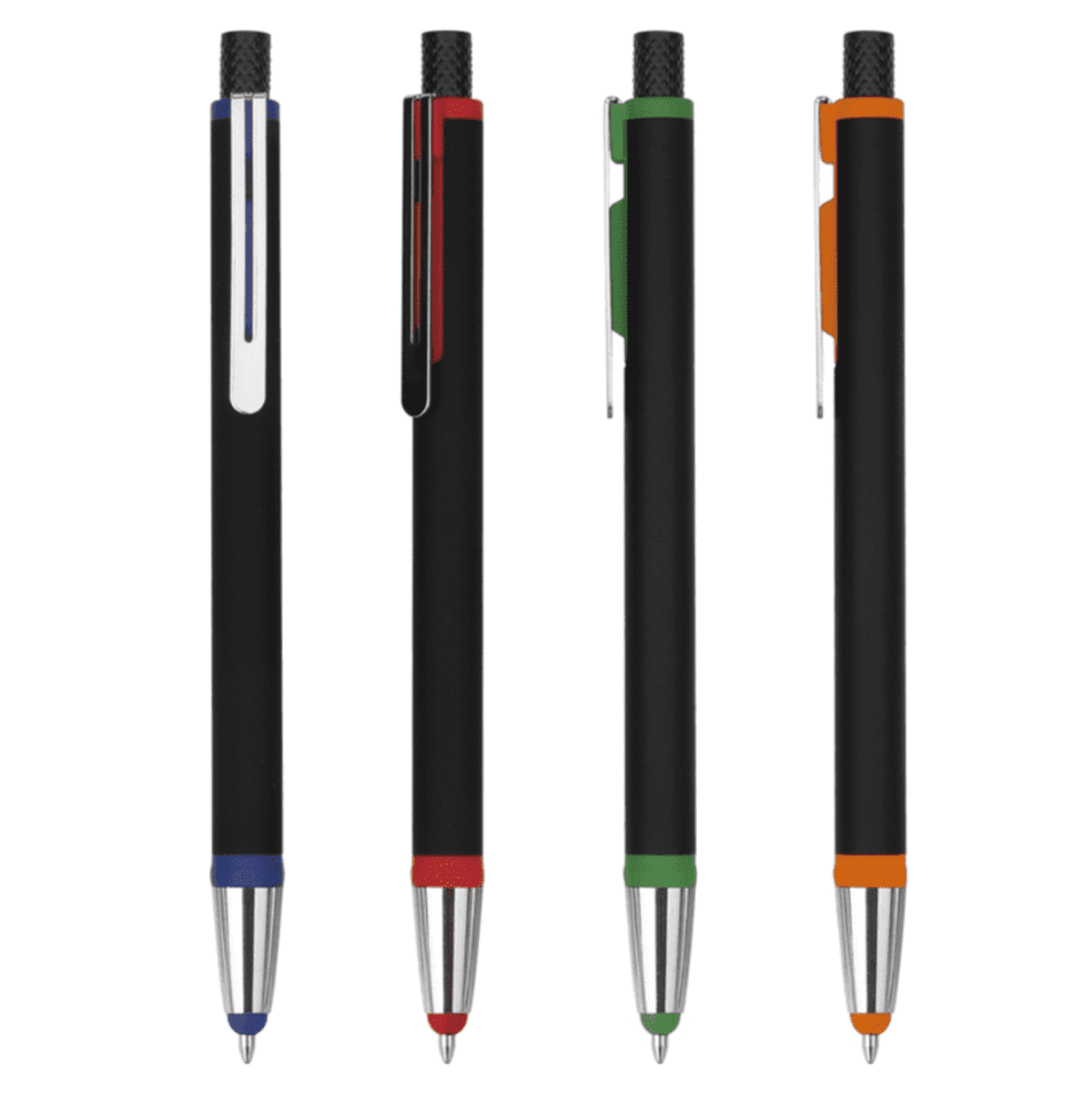 Four black ballpoint pens with colored accents are shown in a row. From left to right, the pens have blue, red, green, and orange accents. Each pen has a silver tip and a black clip on the side.