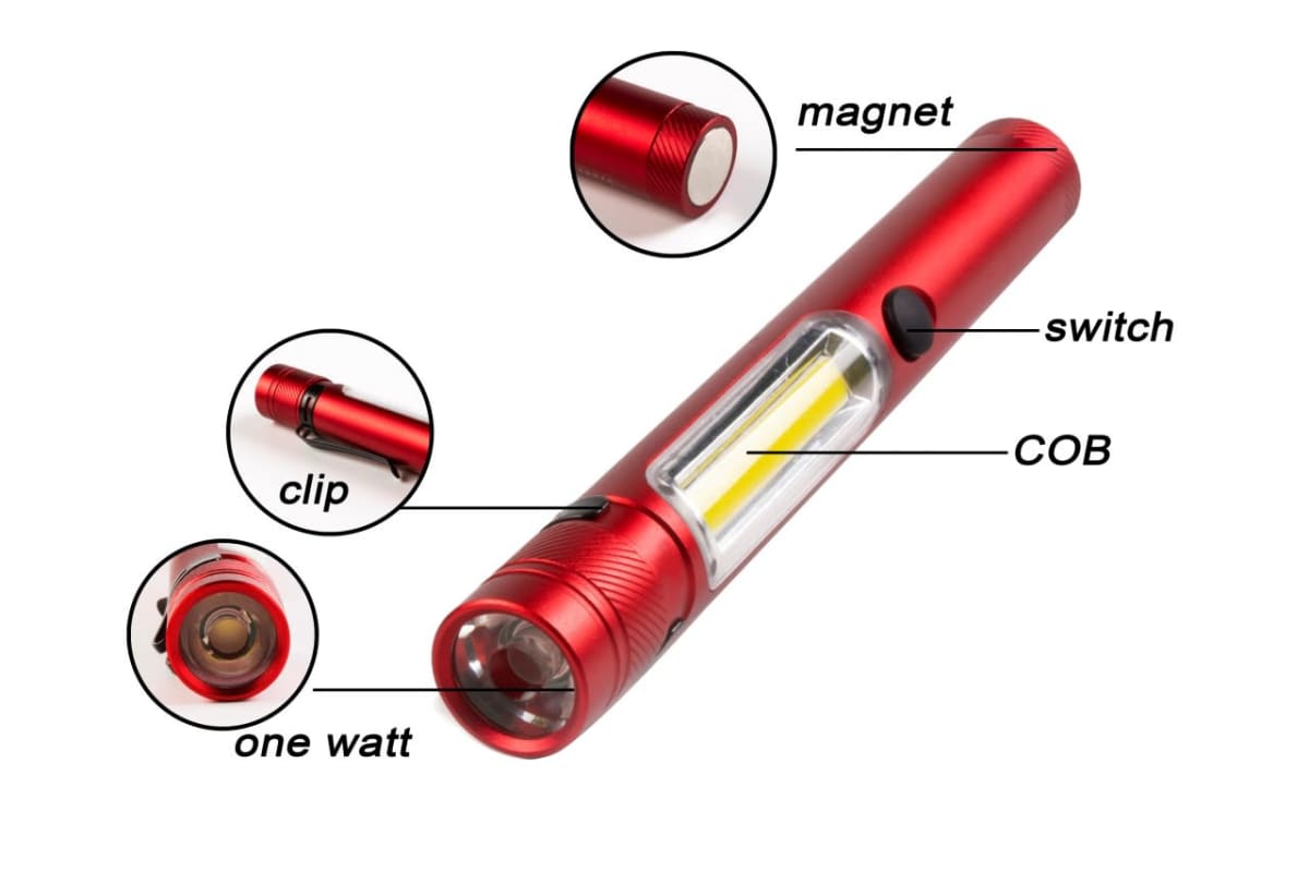 Red pen-shaped flashlight with labeled components: a magnet at the end, switch on the side, COB (Chip on Board) LED light, clip near the end, and a one-watt bulb at the front.