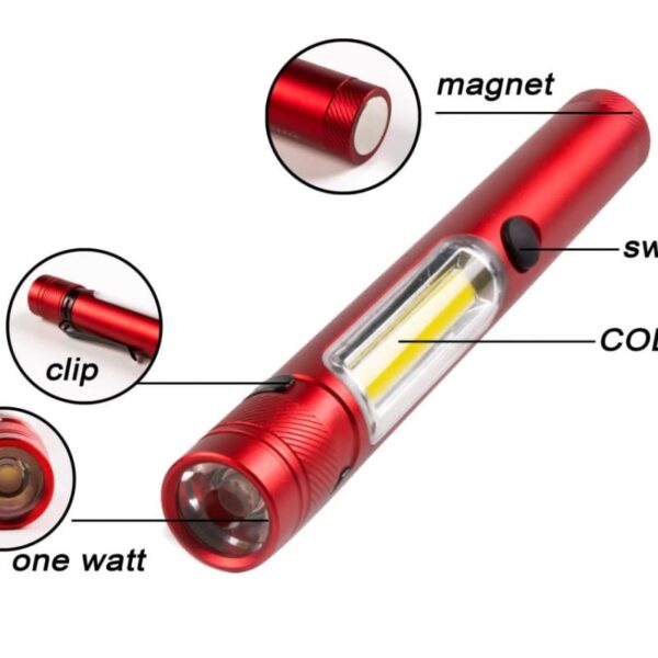 A red pen-shaped flashlight with labels pointing to its features: a magnet at the end, a side clip, a switch, a COB LED light, and its one-watt bulb at the front.