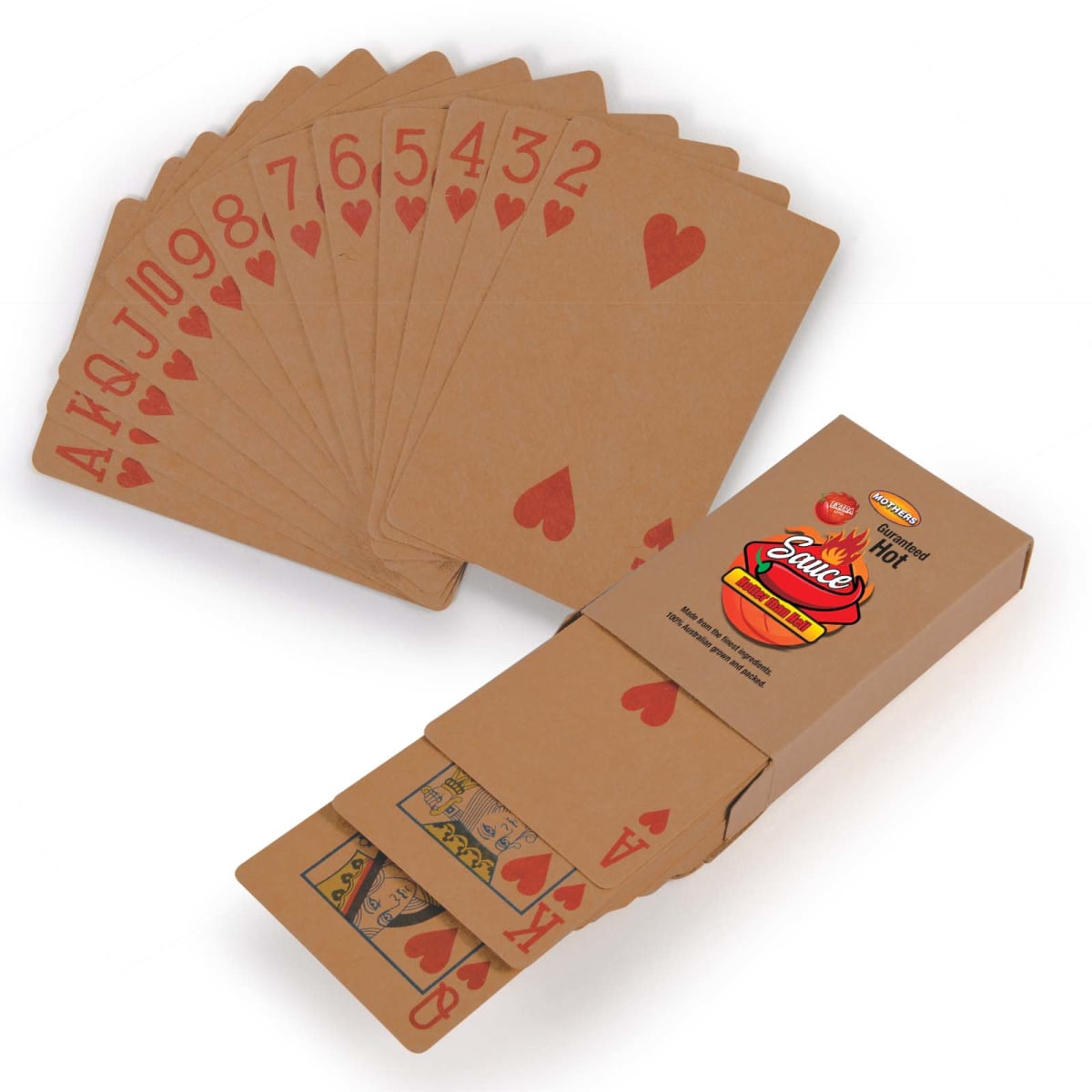 Cards with heart suit in brown box, shaped like noodle packaging.