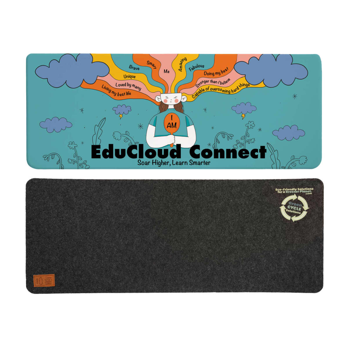 Colorful EduCloud Connect desk mat with tree design above, black mat with logo below.