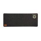Gray rectangular desk pad with a small logo and text in the top right corner.