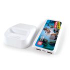 White power bank with FITNESS CENTRES text and gym image on top.