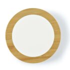A round, minimalist wall clock with a wooden frame and no numbers.