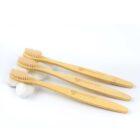Three bamboo toothbrushes resting on smooth white stones.