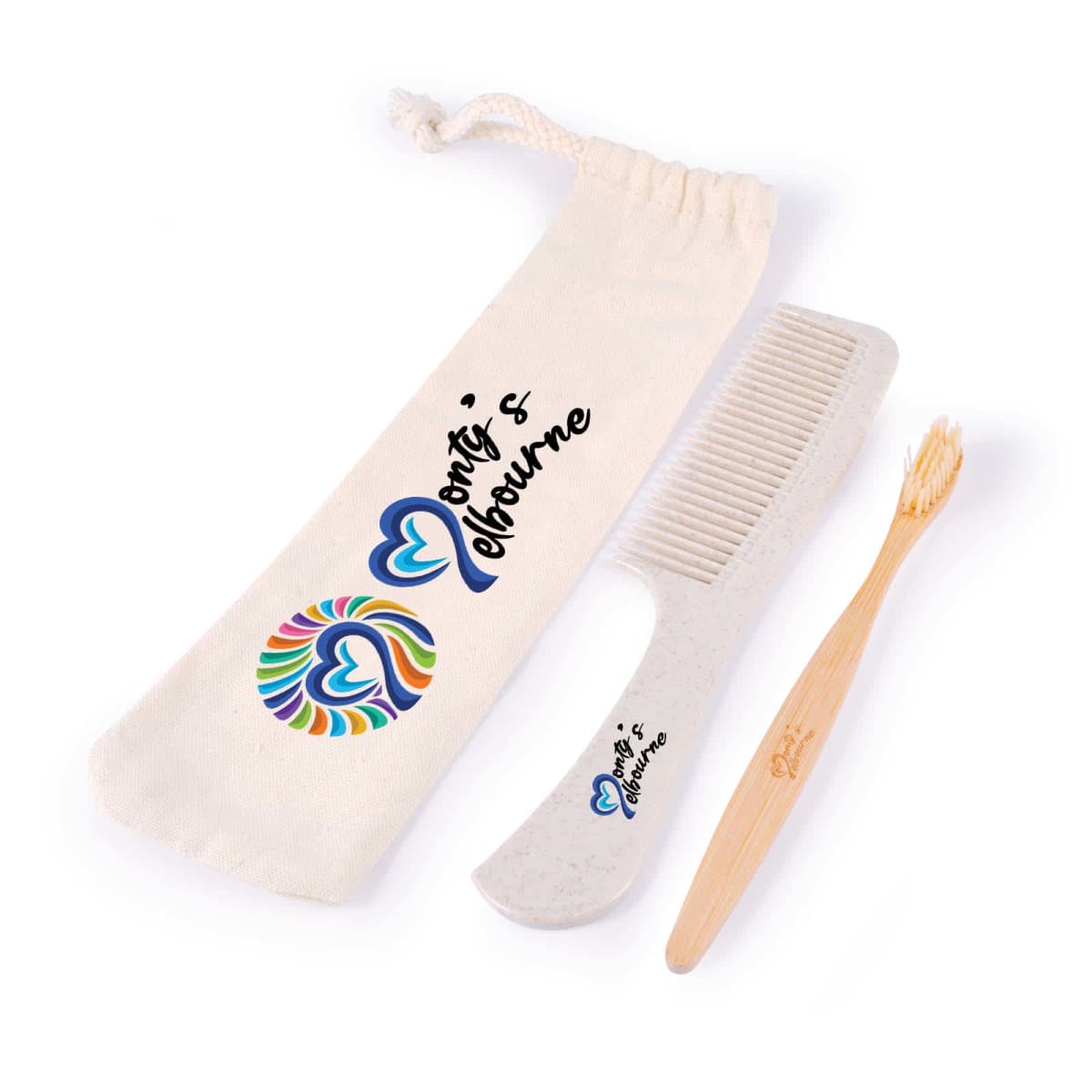 Comb and bamboo toothbrush with decorative pouch.