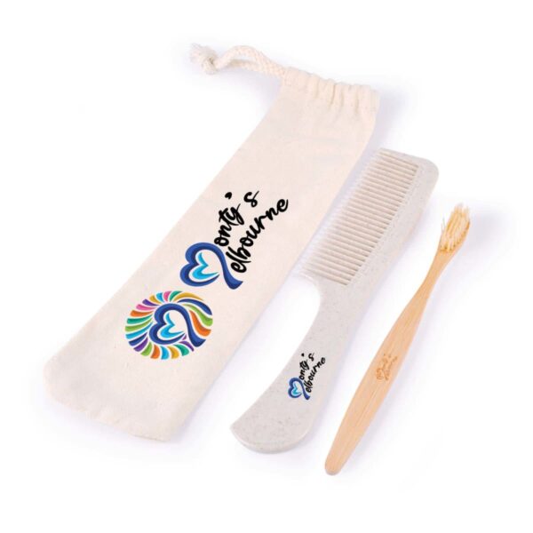 Comb, bamboo toothbrush, and pouch with colorful heart design and text.