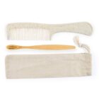 Comb and toothbrush with a cloth pouch on a white background.