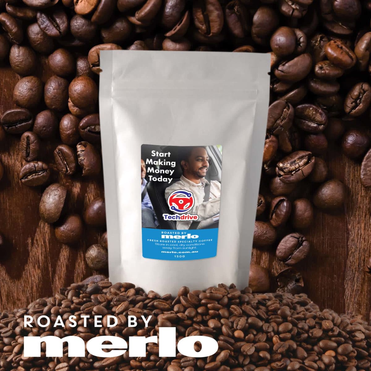 Coffee bag labeled Techdrivo surrounded by coffee beans.