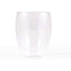 Clear double-walled glass with a rounded design on a white background.