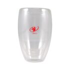 Clear double-walled glass with a red logo centered on it.