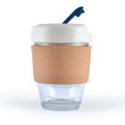 Reusable glass cup with a cork sleeve and white lid, blue straw attached.