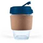 Reusable cup with a blue lid and cork sleeve.