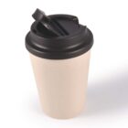 Reusable coffee cup with a beige body and black lid on a white background.