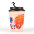 Reusable coffee cup with a black lid and a stylized orange horse logo on the side.