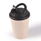 Reusable coffee cup with a beige body and black lid, featuring a clip handle.