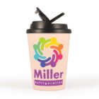 Reusable cup with black lid, rainbow logo, and Miller Refrigeration text.