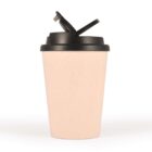 Reusable beige coffee cup with a black lid and open spout on a white background.