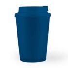 Blue reusable coffee cup with a lid against a plain background.