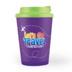 Purple travel mug with a green lid and Lets Go Travel Around the World text.