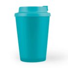 Blue reusable coffee cup with lid on a white background.