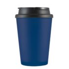 Blue travel coffee mug with a black lid.