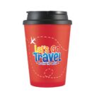 Red travel mug with black lid and Lets Go Travel Around the World design featuring a plane.