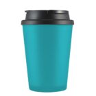 Turquoise travel mug with black lid, isolated on a white background.