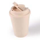 Beige reusable coffee cup with a flip-top lid, isolated on a white background.