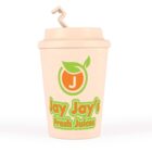 A cup with a straw, featuring Jay Jays Fresh Juices logo and text.
