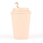 Beige coffee cup with lid and a zigzag stirrer on top.
