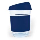 Clear cup with blue lid and sleeve.
