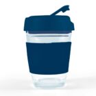 Clear cup with a navy blue lid and sleeve on a white background.