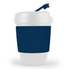 White reusable coffee cup with a navy blue sleeve and lid.