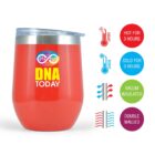 Red insulated tumbler with DNA Today logo, temperature icons, vacuum insulated, double walled.