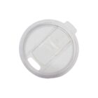 Transparent circular plastic lid with a sliding closure.