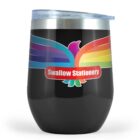 Black tumbler with rainbow winged logo and Swallow Stationery text.