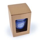 Cardboard box with a window showing a blue product inside.