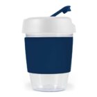 Reusable cup with white lid, blue sleeve, and a blue flip-top straw.