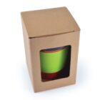 Brown cardboard box with a clear window showing a green and red item inside.