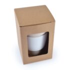 A white cup in a brown cardboard box with a clear window on the front.